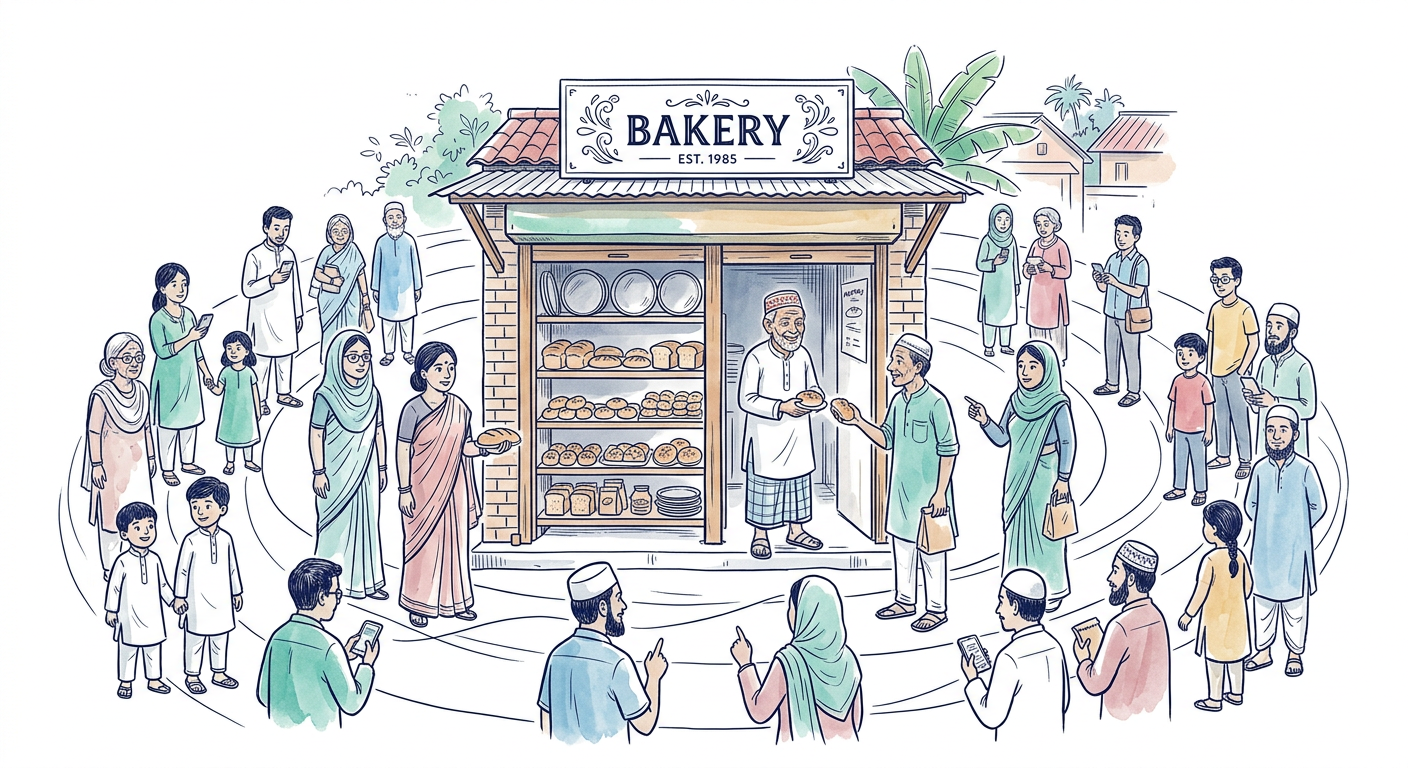একটি bakery-র দোকানিকে ঘিরে নানা বয়সের customer, সূক্ষ্ম রেখায় দোকানের সাথে যুক্ত।