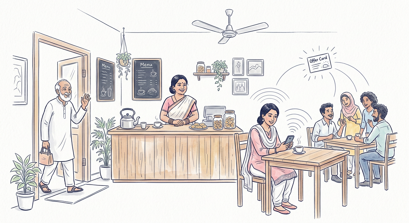 একটি café-তে দোকানি এবং customer, customer ফোনে WiFi connect করছে, offer message অন্য customer-দের কাছে যাচ্ছে।